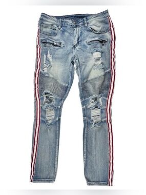 Rue21 Premium Moto Skinny Jeans Distressed Side Stripe Light Wash Men's 30x32